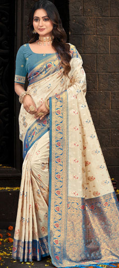 Beige and Brown color Saree in Silk fabric with Weaving work