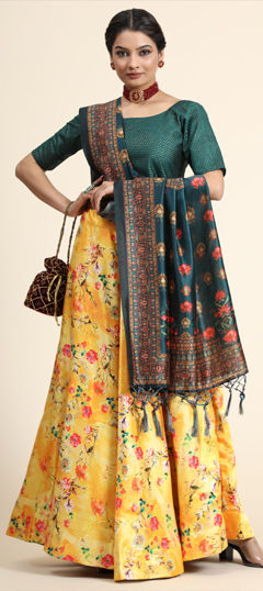 Yellow color Lehenga in Satin Silk fabric with Digital Print work