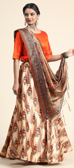 Beige and Brown color Lehenga in Satin Silk fabric with Digital Print work