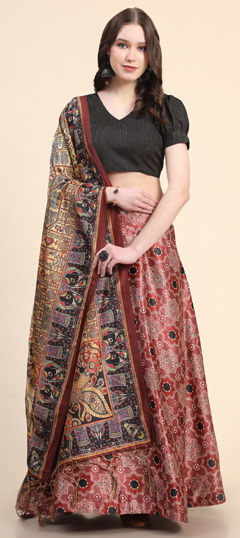 Red and Maroon color Lehenga in Satin Silk fabric with Digital Print work