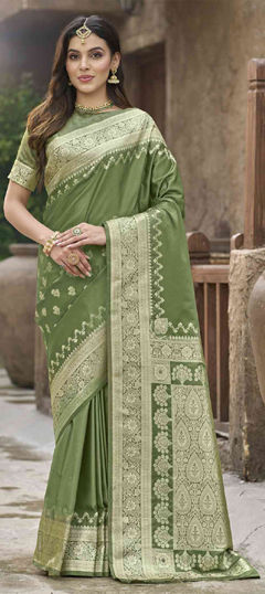 Green color Saree in Silk fabric with Weaving work
