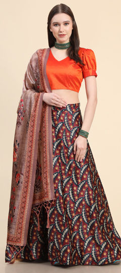 Black and Grey color Lehenga in Satin Silk fabric with Digital Print work