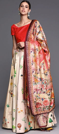 White and Off White color Lehenga in Satin Silk fabric with Digital Print work