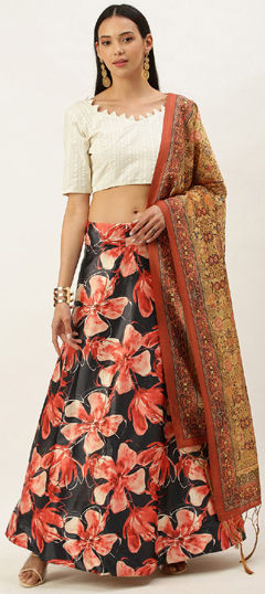 Black and Grey color Lehenga in Satin Silk fabric with Digital Print work