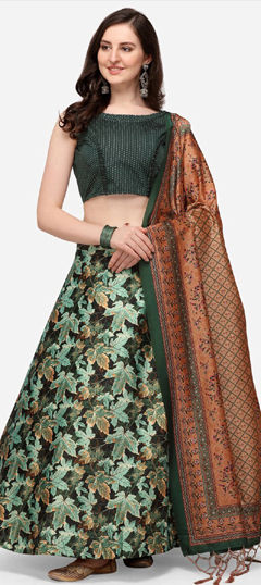 Green color Lehenga in Satin Silk fabric with Digital Print work
