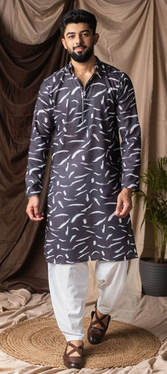 Black and Grey color Pathani Suit in Linen fabric with Printed work