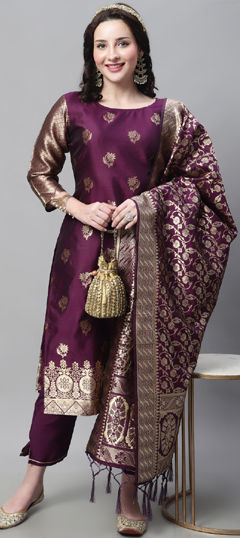 Purple and Violet color Salwar Kameez in Cotton, Jacquard fabric with Weaving work