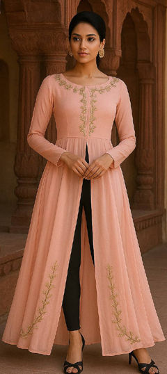 Pink and Majenta color Salwar Kameez in Georgette fabric with Embroidered, Thread work