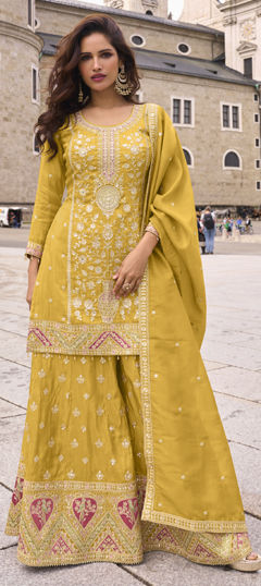 Yellow color Salwar Kameez in Shimmer fabric with Embroidered, Sequence, Thread work