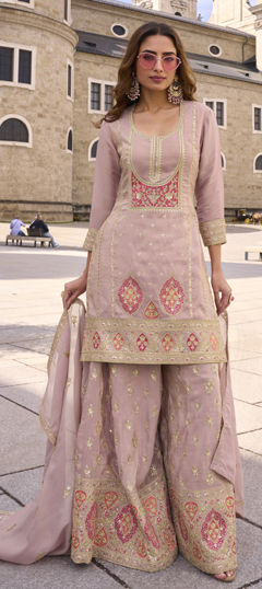 Pink and Majenta color Salwar Kameez in Shimmer fabric with Embroidered, Sequence, Thread work