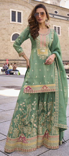 Green color Salwar Kameez in Shimmer fabric with Embroidered, Sequence, Thread work