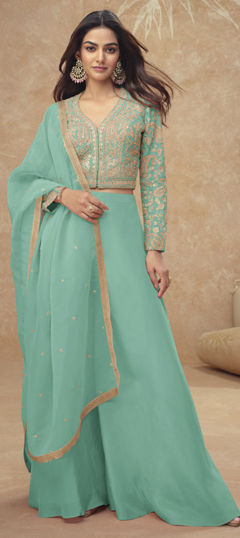 Green color Salwar Kameez in Shimmer fabric with Embroidered, Mirror, Sequence, Zari work