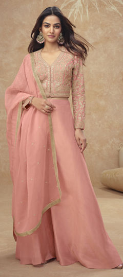 Pink and Majenta color Salwar Kameez in Shimmer fabric with Embroidered, Mirror, Sequence, Zari work
