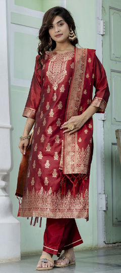 Red and Maroon color Salwar Kameez in Cotton fabric with Weaving work