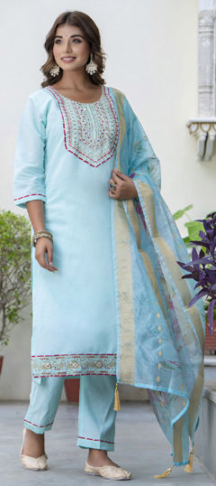 Blue color Salwar Kameez in Blended, Silk fabric with Weaving work