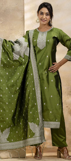 Green color Salwar Kameez in Blended Cotton fabric with Embroidered, Thread work
