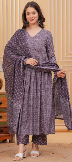 Purple and Violet color Salwar Kameez in Rayon fabric with Printed work