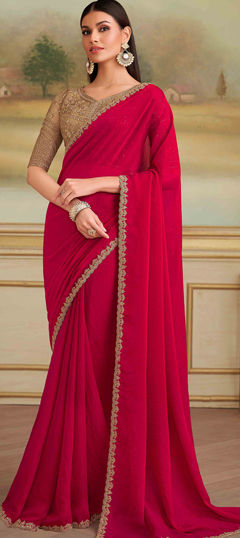 Red and Maroon color Saree in Georgette fabric with Embroidered, Thread work