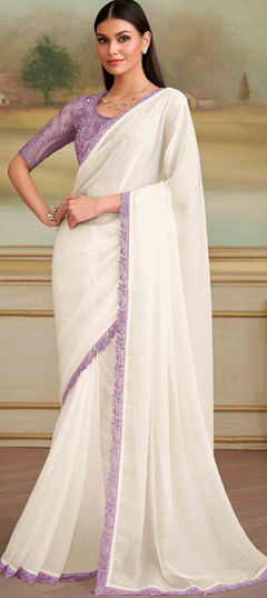 White and Off White color Saree in Georgette fabric with Embroidered, Thread work