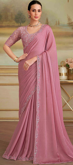 Pink and Majenta color Saree in Georgette fabric with Embroidered, Thread work