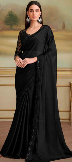 Black and Grey color Saree in Tissue fabric with Embroidered, Thread work