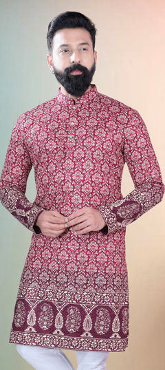 Red and Maroon color Kurta in Cotton fabric with Embroidered, Sequence, Thread work