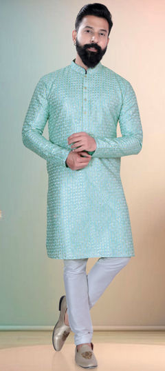 Blue color Kurta Pyjamas in Cotton fabric with Thread work