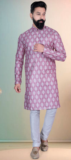 Purple and Violet color Kurta Pyjamas in Cotton fabric with Embroidered, Sequence, Thread work