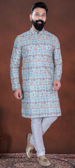 Blue color Kurta Pyjamas in Cotton fabric with Printed, Weaving work