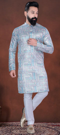 Blue color Kurta Pyjamas in Cotton fabric with Printed, Weaving work