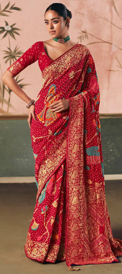 Red and Maroon color Saree in Silk fabric with Bandhej, Printed, Weaving work