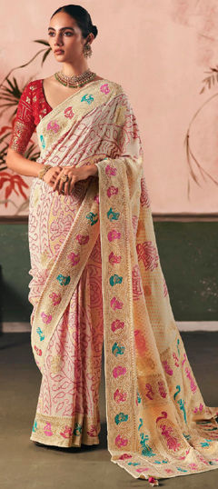 White and Off White color Saree in Silk fabric with Bandhej, Printed, Weaving work