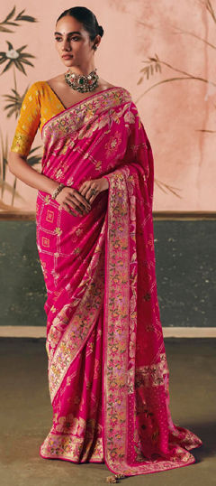 Pink and Majenta color Saree in Silk fabric with Bandhej, Printed, Weaving work