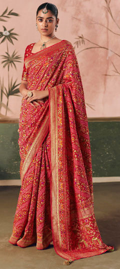 Red and Maroon color Saree in Silk fabric with Bandhej, Printed, Weaving work