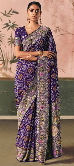 Purple and Violet color Saree in Silk fabric with Bandhej, Printed, Weaving work