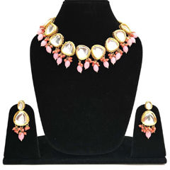 Gold Rodium Polish Pink and Majenta color Necklace in Metal Alloy studded with Kundan