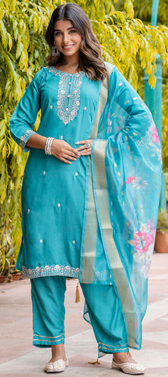 Blue color Salwar Kameez in Viscose fabric with Embroidered, Thread work