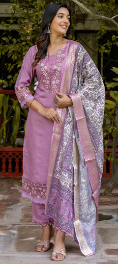 Purple and Violet color Salwar Kameez in Blended, Silk fabric with Embroidered, Thread work