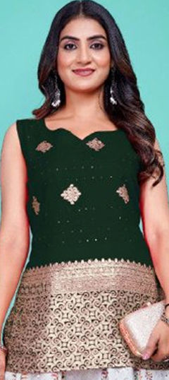 Green color Kurti in Banarasi Silk fabric with Weaving work