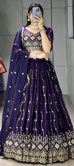Purple and Violet color Lehenga in Satin Silk fabric with Bugle Beads, Embroidered, Thread work