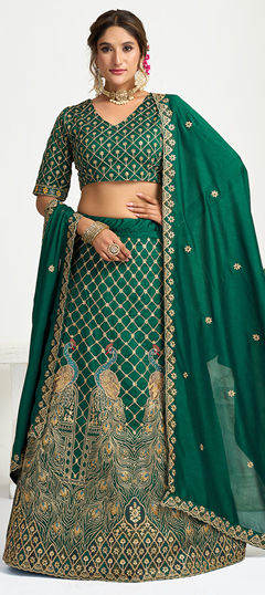 Green color Lehenga in Silk fabric with Embroidered work