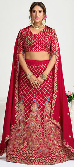 Red and Maroon color Lehenga in Silk fabric with Embroidered work