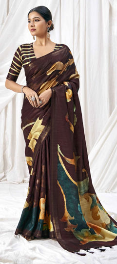 Beige and Brown color Saree in Art Silk fabric with Printed work