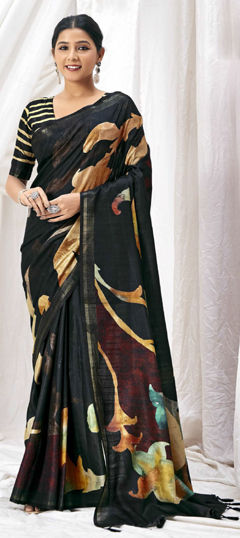 Black and Grey color Saree in Art Silk fabric with Printed work