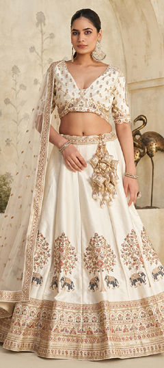Beige and Brown color Lehenga in Silk fabric with Embroidered, Sequence, Thread, Zari work