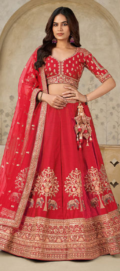 Red and Maroon color Lehenga in Silk fabric with Embroidered, Sequence, Thread, Zari work