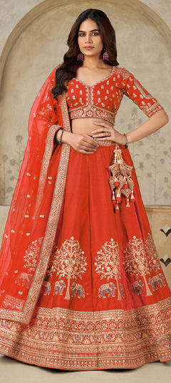 Red and Maroon color Lehenga in Silk fabric with Embroidered, Sequence, Thread, Zari work