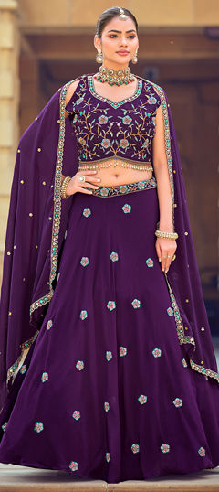 Purple and Violet color Lehenga in Georgette fabric with Bugle Beads work