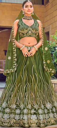 Green color Lehenga in Net fabric with Thread work