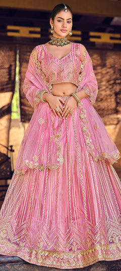 Pink and Majenta color Lehenga in Net fabric with Thread work